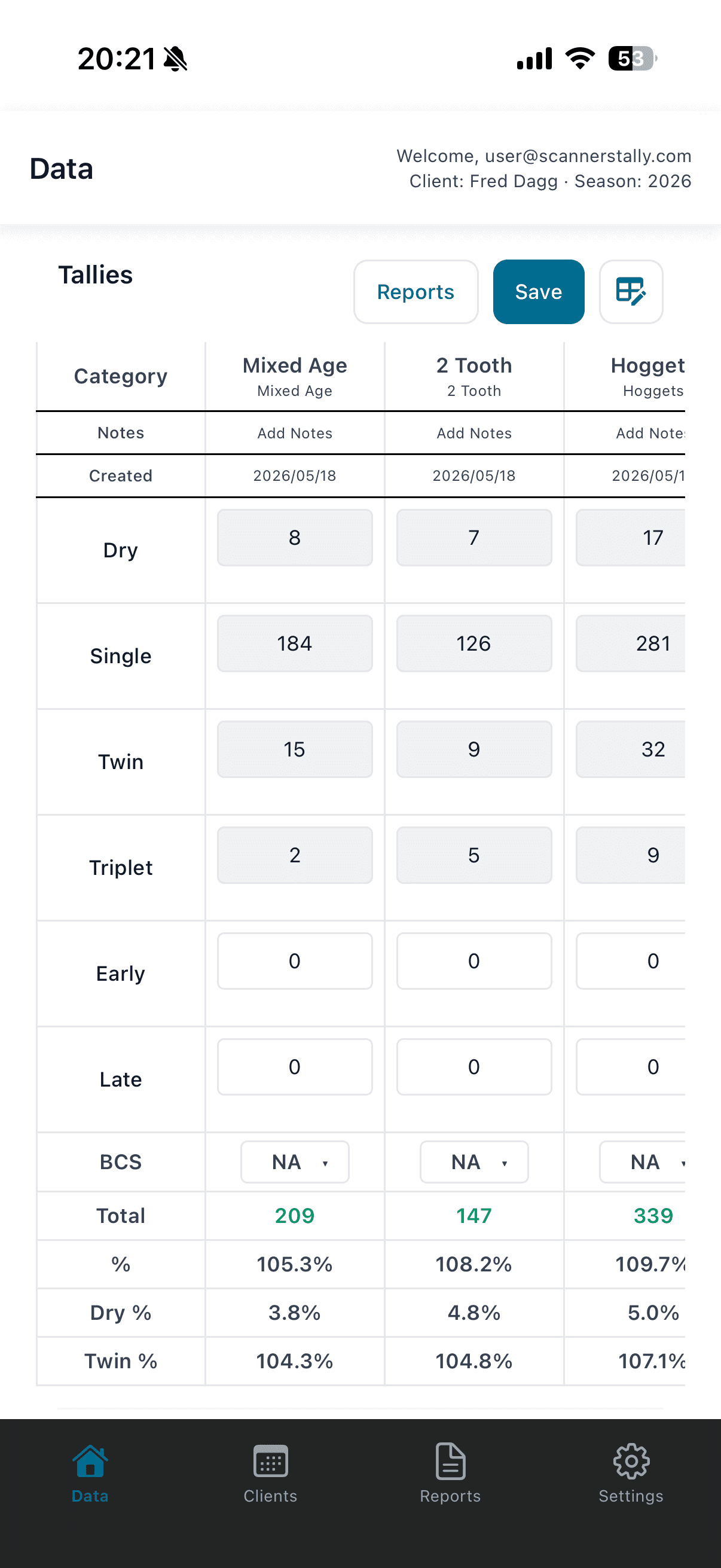 Scanners Tally app on iPhone, entering tallies by category with running totals and percentages.
